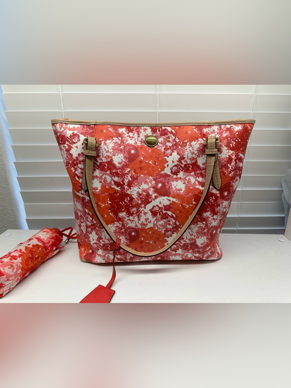 Coach Peyton Floral Print Zip Tote in Red, Orange & Cream with Tan Leather Trim